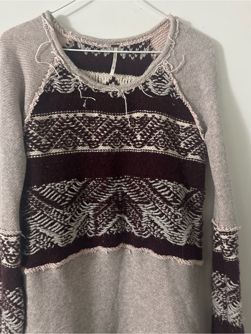 Free People Beige and Burgandy Patterned Crewneck Sweater